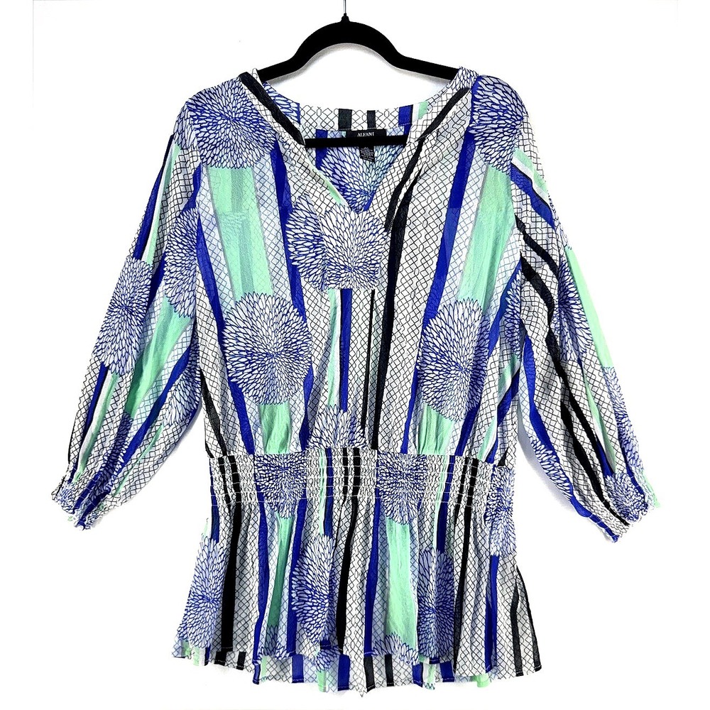 Alfani Blue Green Abstract Floral Peasant Blouse 2X Nautical Mermaid Resort Top
